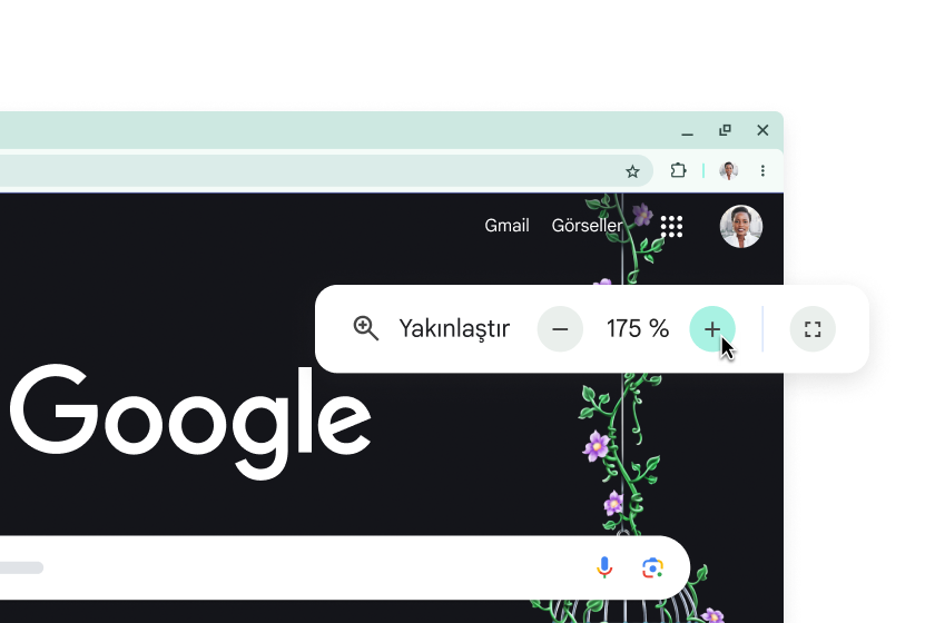 Öğelerin büyütüldüğü Google ana sayfası ve yakınlaştırmanın %175'e ayarlandığı bir pop-up gösteriliyor.